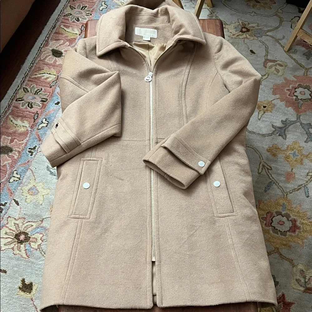 Michael Kors Wool Women's Hooded-Stand Collar Zip-Front Coat Camel Brown Size L